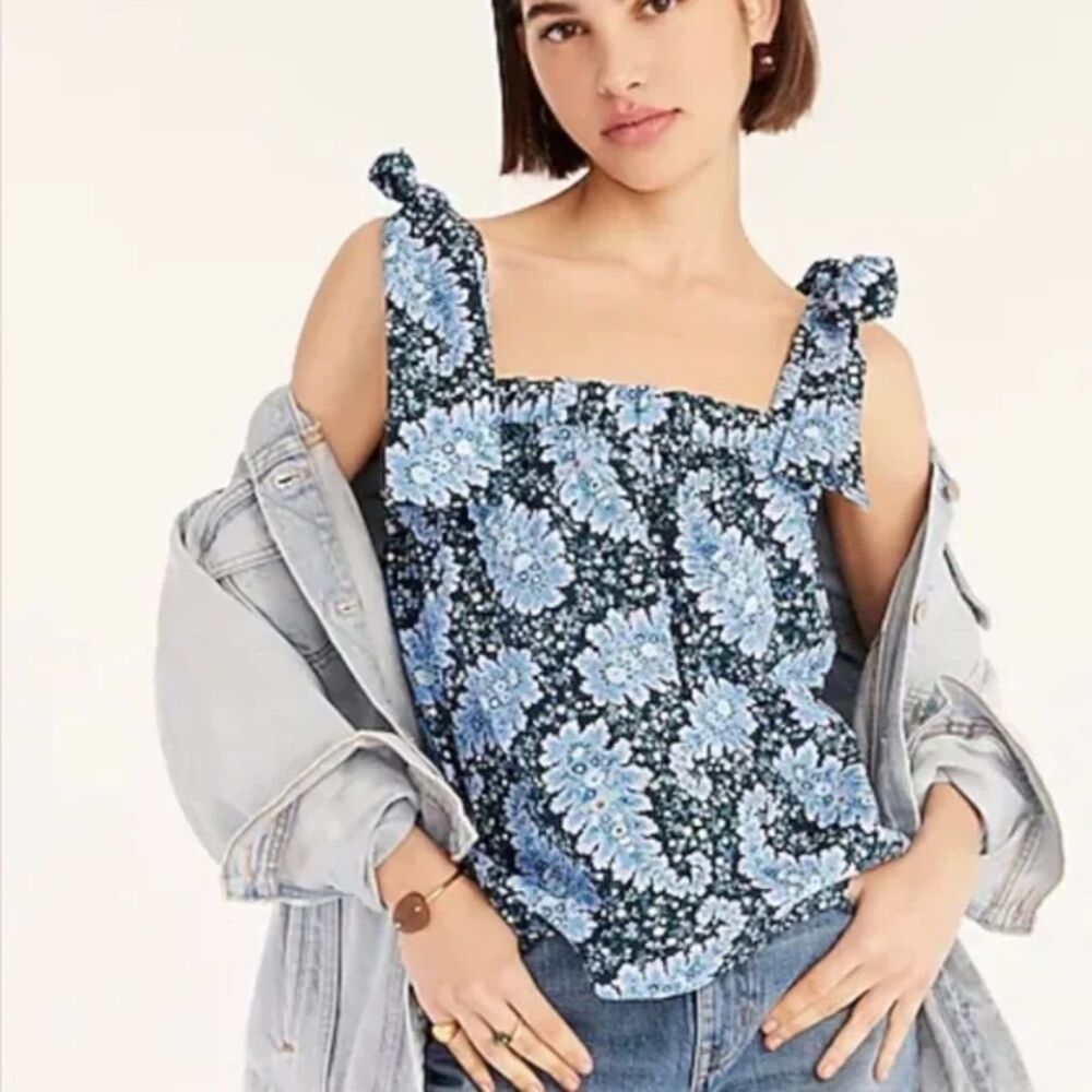 NWT J.Crew Collection Tie-Shoulder Tank in Ratti® Pacific Paisley, Navy, Size L